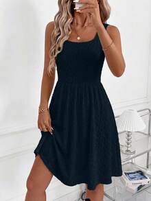 SHEIN Clasi 优雅女士蓝色提花无袖收腰A字弹力针织连衣裙，适合多种场合——休闲、通勤、旅行、度假、波西米亚风 - 藏蓝色 - 查看 6