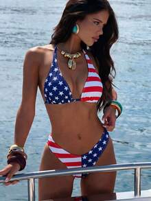 Swim Vcay Bộ bikini tắm nữ mùa hè đi biển, in cờ Mỹ, dây buộc cổ, phong cách gợi cảm - Nhiều màu - Xem 5