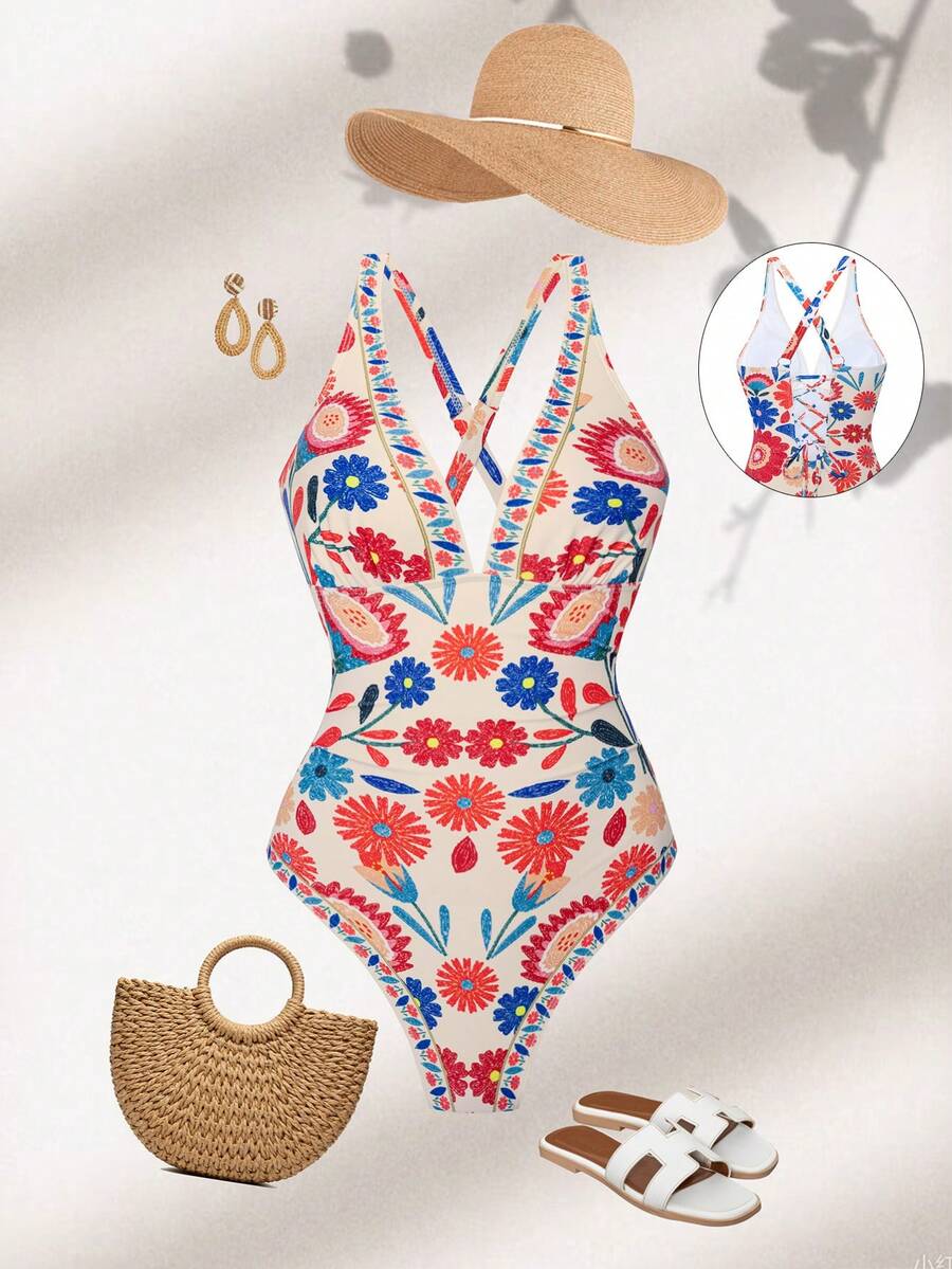 Shapewave Bộ bikini một mảnh in họa tiết hoa nhiệt đới, thích hợp cho kỳ nghỉ hè, đi biển, giúp kiểm soát vòng bụng và có dây buộc phía trước. - Nhiều màu - Xem 1