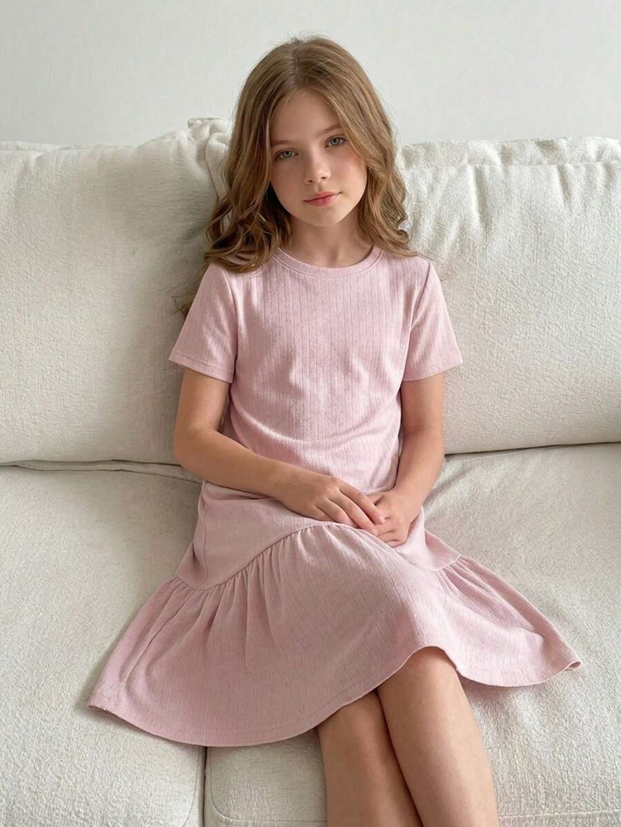 Dazy Kids 青少年女孩純色短袖睡袍家居服 夏季 - 淺粉色 - 查看 1