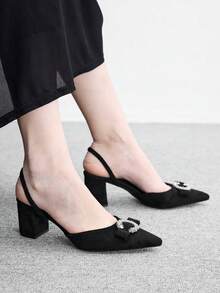 CUCCOO BIZCHIC Black Suede Pointed Back Empty Mullers, Rhinestone Buckle Thick Heel With Sandals - Black 6 - View 5