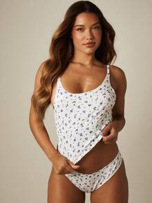 MISSGUIDED Floral Print Ribbed Cami And Bikini Pajama Set Scoop Neck Sleeveless Lounge Sleep Two-Piece - Black and White - View 3