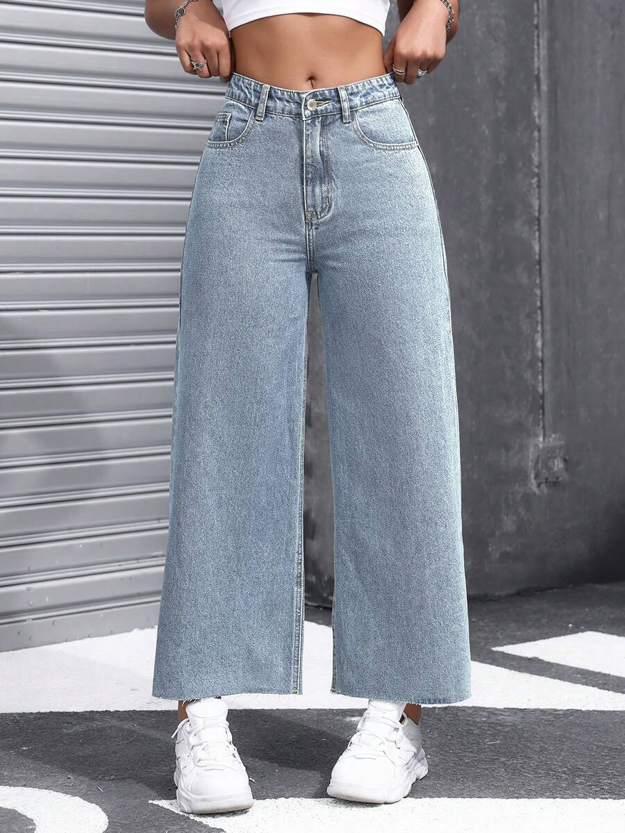 EMERY ROSE Casual Washed Wide Leg Denim Jeans - Light Wash - View 1