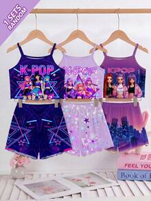 SHEIN [Randomly Sent 1 Set]Girls' Summer Fashion Cool K-Pop Girl Group Pattern Positioned Print Camisole Paired With Girl Group Pattern All-Over Print Shorts With Ruffle Edge Design, Knit Fabric, Comfortable And Soft, 2-Piece Set, Loungewear Pajamas Suitable For Home And Outings, Versatile - Multicolor - View 3