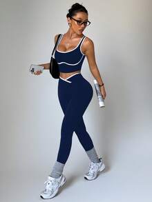 StreetHx Women's Yoga Colorblock Seamless Sports Set,Navy And White Summer Athleisure Gym Workout Two Piece Legging Set Active Athletic Gym Two Piece Set - Navy Blue - View 5
