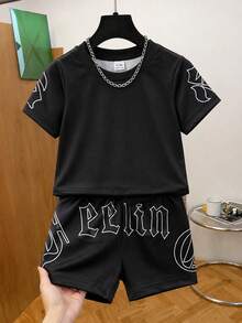 SHEIN Conjunto de 2 piezas para bebé niño, infante y niño pequeño, negro, casual de verano para escapada urbana, camiseta de punto con cuello redondo y manga corta con gráfico en inglés & pantalones cortos a juego, 6M-3T - Multicolor - Ver 7