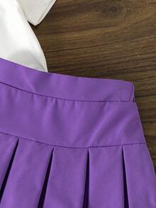 SHEIN Conjunto de Verão Estilo Escolar para Menina, Camiseta Branca de Manga Curta com Estampa Roxa e Saia Plissada Roxa, Casual Diário e Traje de Dança - Roxo - Visão 4
