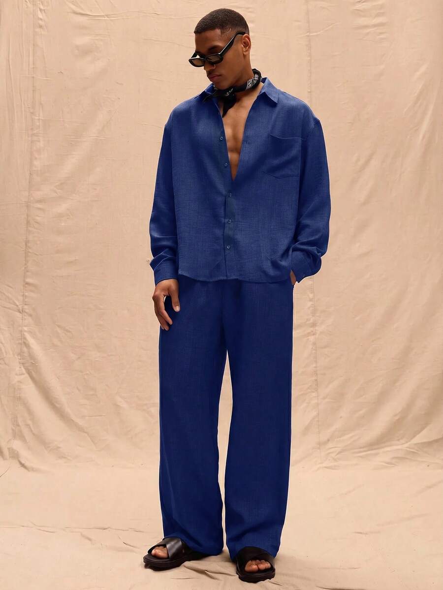Musero Oversized Linen Pants Only Spring Summer Vacation Easter - Navy Blue - View 1