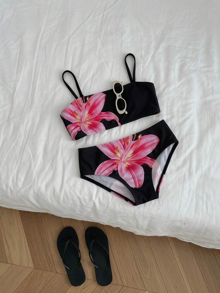 3pcs/Set Floral Print Spaghetti Strap Young Girl Swimwear (Small)