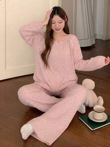 DAZY 两件套女士波点印花雪纺宽松灯笼袖睡衣套装 - 綠色 - 查看 4