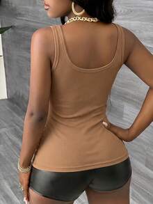 Slaydiva Casual Basic Racerback Sleeveless Deep V-Neck Ribbed Camisole,Summer Top - Khaki - View 2