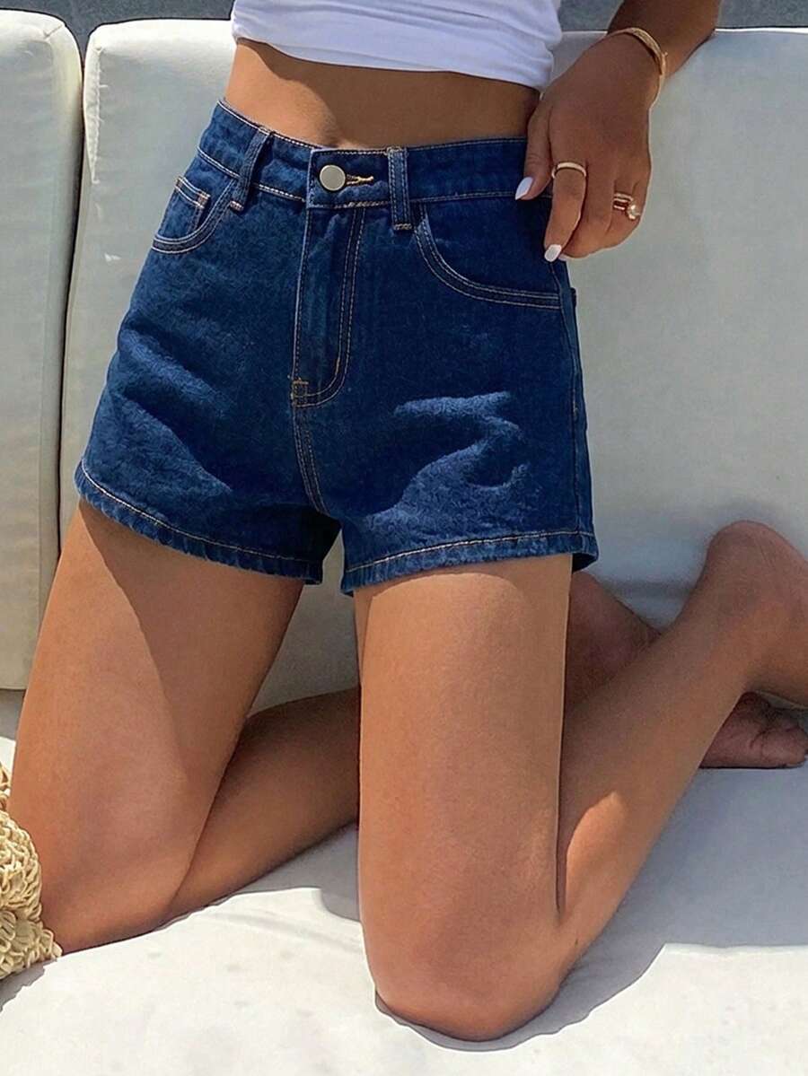 DAZY 青少年女孩夏季休閒水洗牛仔短褲 - 藏蓝色 - 查看 1