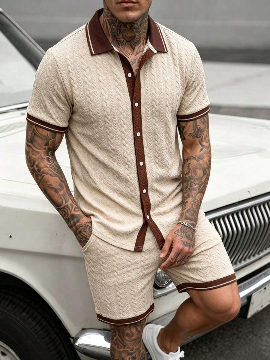 Manfinity CasualCool Conjunto de Camisas Casuais de Manga Curta Masculinas, Verão - Caqui - Visão 1