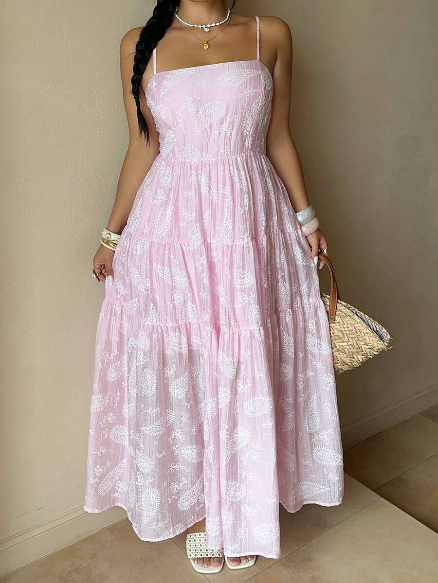 Sunnyshic Elegantes langes Damenkleid im französischen Stil mit Spaghettiträgern in großen Größen, geeignet für Strandurlaub - Pink - Übersicht 1