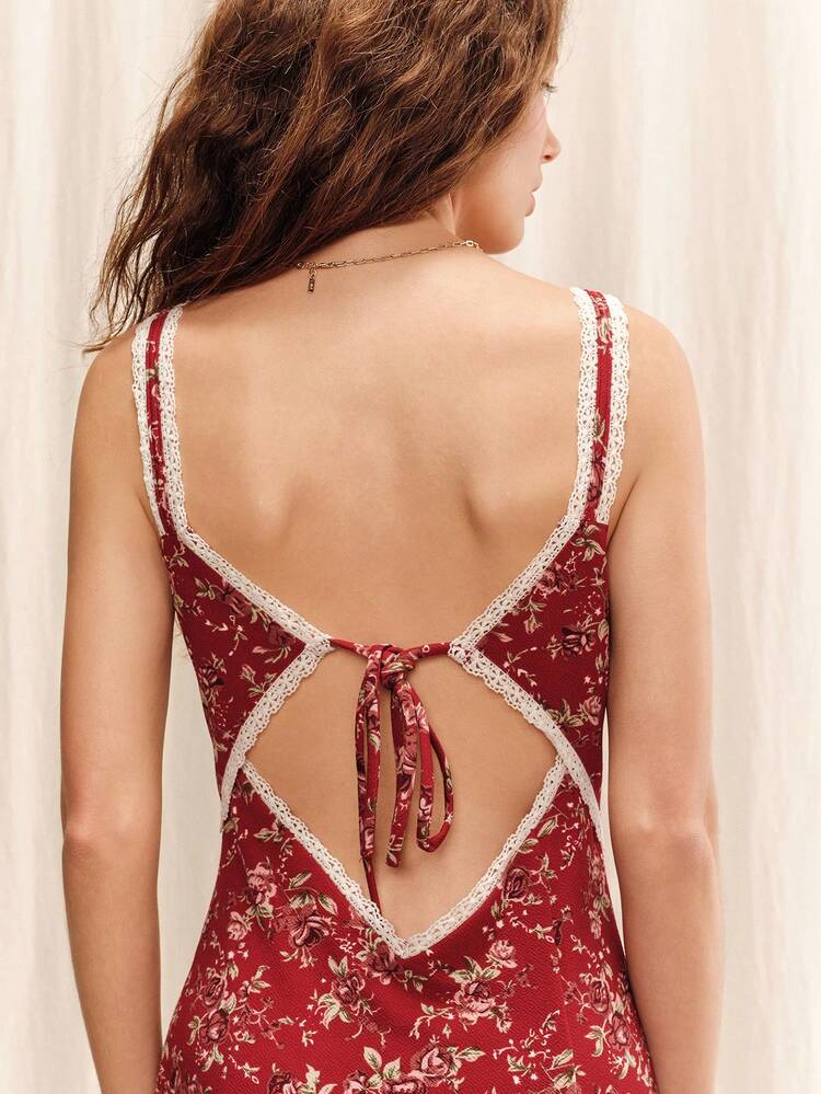 Red Floral Jersey Midi Dress With Lace Trim Detail And Open Back Summer Holiday Casual Vintage Dress