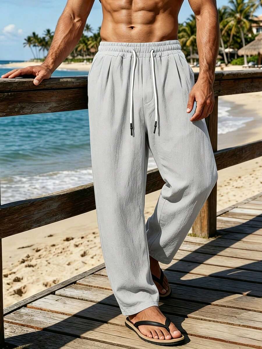 Genlund Quần dài nam casual màu trơn dây rút, đi chơi ngày lễ - Xám - Xem 1