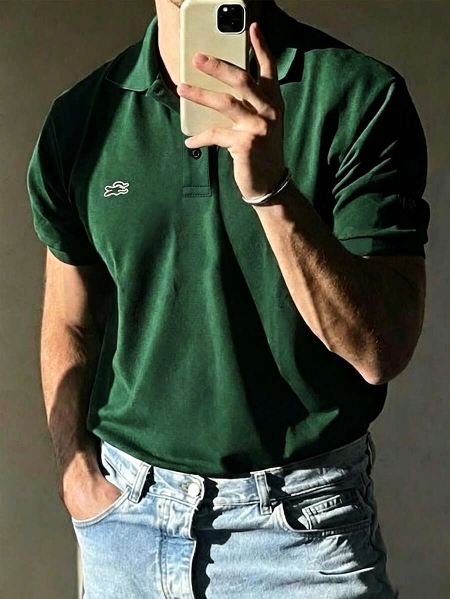 Manfinity Dauomo 夏季出遊上衣,男款標準尺寸 POLO 衫,簡約鱷魚標誌印花圖案,圖案設計,日常優雅風格,休閒商務 - 墨綠色 - 查看 1