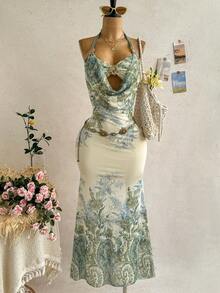 Soleia Women's Sexy Romantic Halter Tie-Up Splicing Cup Metallic Floral Decor Deep Draped Neck Maxi Dress, Suitable For Beach, Cruise, City Vacation In Spring/Summer - Green - View 8