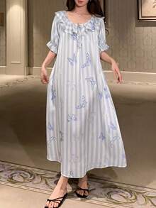 DAZY Women's Striped Butterfly Print Ruffle Hem Nightgown - Blue - View 7