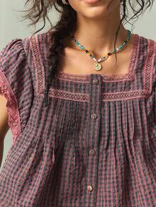 SoleilVie New Retro Plaid Square Neck Short Cap Sleeve Blouse, Suitable For Spring/Summer Pastoral Picnic And Vintage Market Strolling - Red Violet - View 2