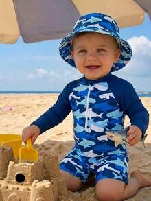 SHEIN Đồ bơi liền thân dài tay cho bé trai sơ sinh/bé trai, họa tiết cua dễ thương, sọc xanh phối màu tương phản, phù hợp đi nghỉ mát, đi biển, lướt sóng, đồ bơi bé trai, đồ bơi dài tay - Màu xanh lam - Xem 1