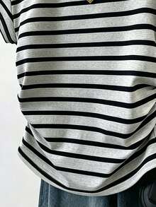 Teen Girls Black Striped & Graphic Print Knit T-Shirt,Casual Summer Tee For Graduation,Spring Personalized Graphic Tee,Comfortable Back To School Wear - Multicolor - View 3