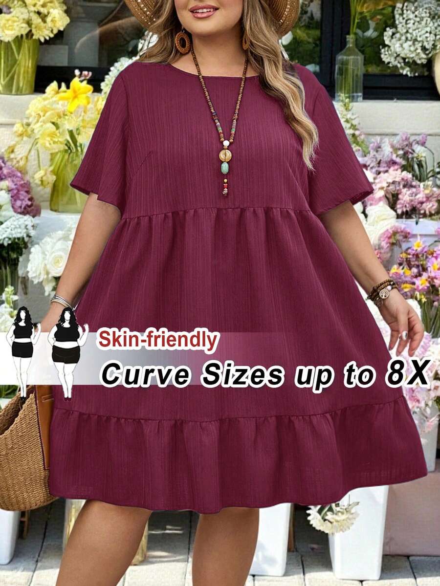 SHEIN CURVE+ Curve 大碼 US22 音樂節海邊度假波希米亞風 西方狩獵風休閒純色短袖洋裝 夏季女裝 復活節穿搭 - 酒紅色 - 查看 1