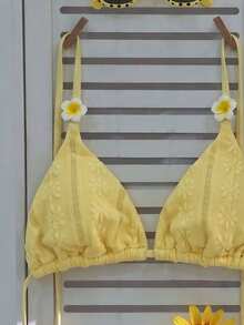 Elavelle Women's Spring/Summer Jacquard Fabric Halter Neck 3D Floral Decor Bikini Set Beach Party Yellow Cute Sexy - Yellow - View 5