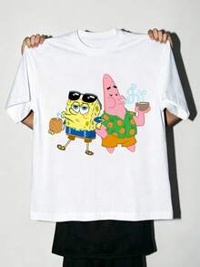 SpongeBob SquarePants | SHEIN Manfinity EMRG 男士夏季休閒卡通印花T恤，度假款 - 白色 - 查看 3