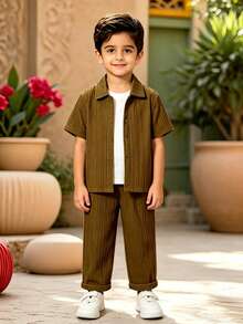 SHEIN 2pcs/Set Setelan Baju Atasan Lengan Pendek dan Celana Panjang Warna Polos untuk Anak Laki-Laki, Liburan Musim Panas - Coklat - View 3
