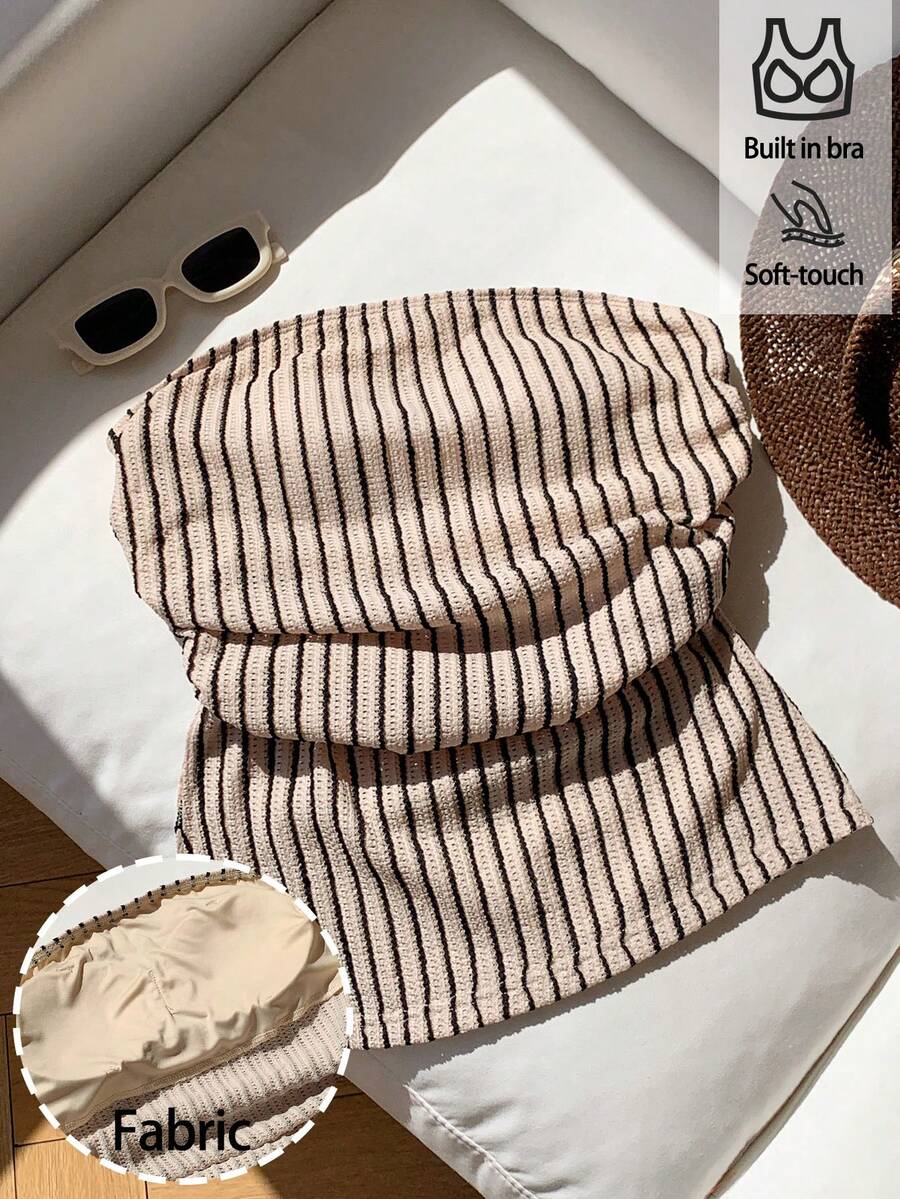 Comfortcana Áo quây độn ngực kẻ sọc vân nổi nữ mới Xuân/Hè 2026 - Màu Khaki - Xem 1