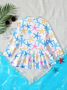 SHEIN 少女夏季休閒度假海星印花連身泳衣 - 藍色 - 查看 2