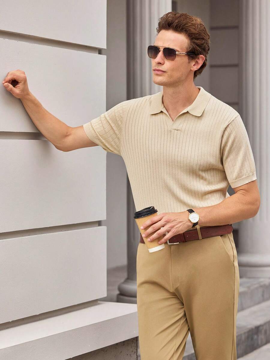Officeau Sweater Rajut Lengan Pendek Kerah Polo Retro Pria, Sweater Lengan Pendek Kerah Pesawat Bergaris Vertikal Aprikot Baru, Pakaian Musim Panas - Aprikot - View 1