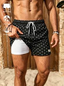 Manfinity Swimmode 夏季男士波點印花黑色沙灘短褲，熱帶度假風抽繩腰泳褲，斜口袋情侶約會款 - 黑色 - 查看 2