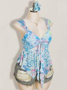 SHEIN ICON 女款大尺碼花卉印花背心上衣度假款 - 藍色 - 查看 7