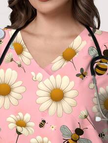 PopScrub Daisy Floral & Bee Pattern Light Pink Plus Size Women's Scrub Top, Fashionable V-Neck Short Sleeve With Pockets & Ear Loop Design, Spring/Summer Nurse Uniform Top - Multicolor - View 4