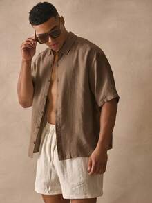 Musero Short Sleeve Boxy Button Through Collared Drop Shoulder Linen Shirt Spring Summer Holiday Essentials Beachside - Khaki - View 1