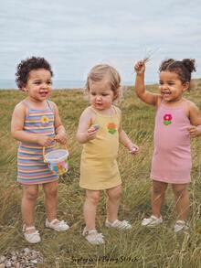 Cozy Pixies Baby Girls 3-Piece Knit Striped&Solid Floral Dress Set,Cute Vacation Style,Spaghetti Strap Fitted Suitable For Spring/Summer Outings, - Multicolor - View 10