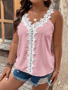 Ceyna Top casual versátil de uso diario con patchwork de encaje para mujer talla grande - Rosa - Ver 6