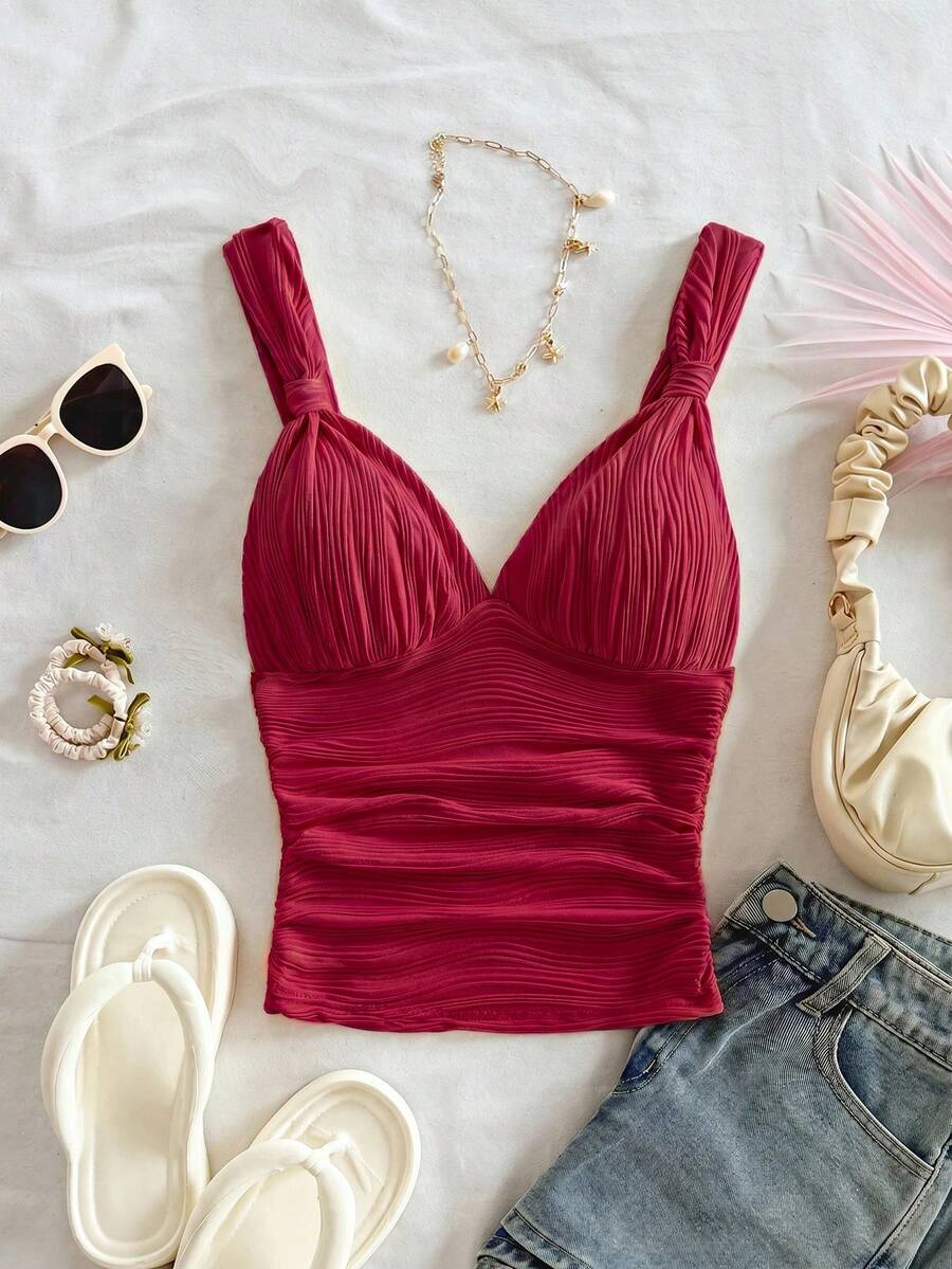 Soleia Casual Romantic Vacation Plain Color Twist Pleat Red Camisole Christmas Valentine's Day New Year,Summer Top No Chest Padding - Red - View 1
