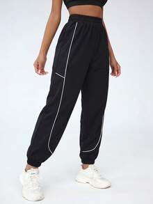 SHEIN EZwear 休閒百搭素色高腰寬褲 - 黑色 - 查看 1
