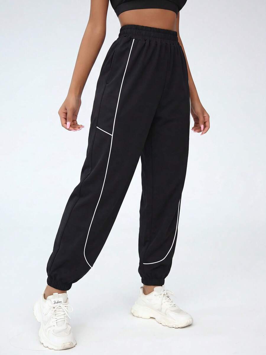 SHEIN EZwear 休閒百搭素色高腰寬褲 - 黑色 - 查看 1