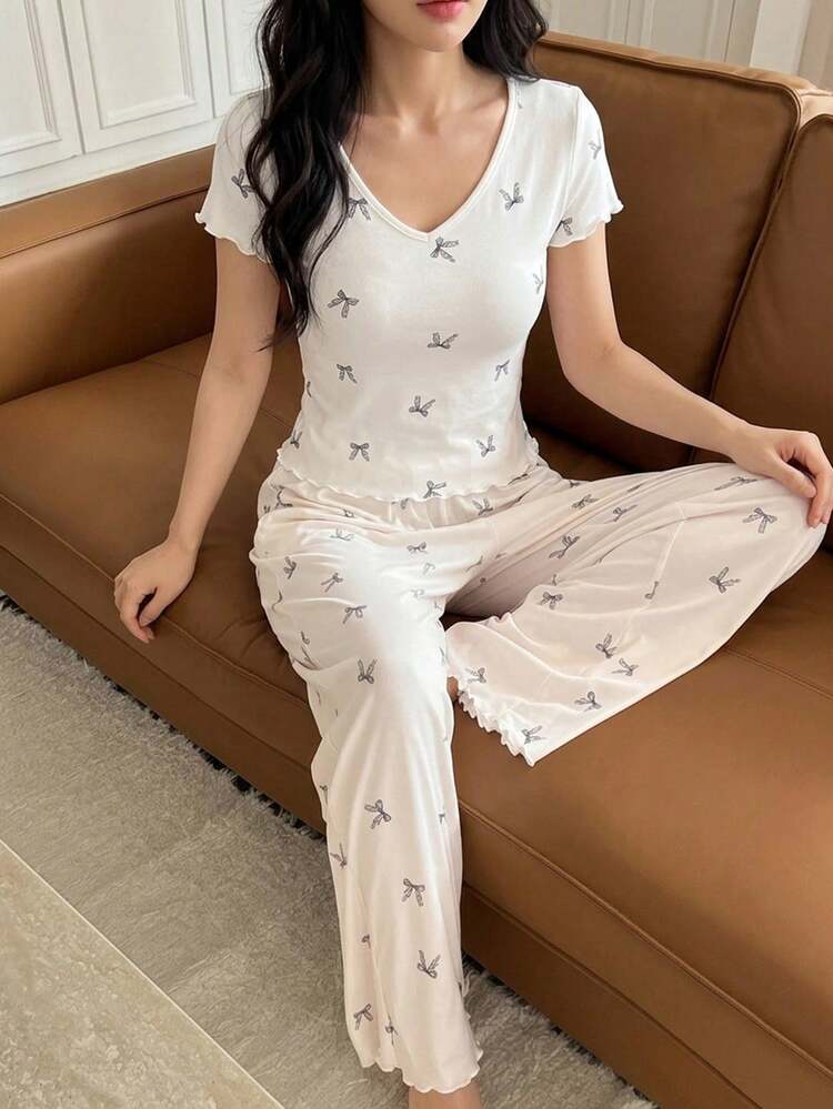 2pcs/Set Women Butterfly Print Short Sleeve T-Shirt And Straight Long Pants Pajama Set, Summer