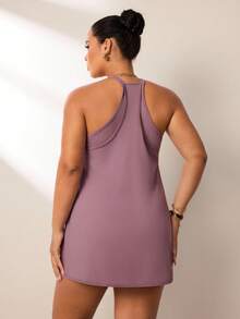 Easithlete Plus Size Women's Summer Minimalist Solid Color Patchwork Pocket Racerback Sports Dress - Dusty Purple - View 2