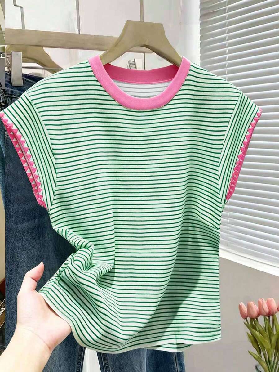Franclia New Contrast Color Striped Short Sleeve T-Shirt, Spring/Summer Clothing - Multicolor - View 1