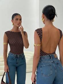 Firerie Bodysuit nữ họa tiết chấm bi hở lưng gợi cảm đa năng mặc hàng ngày đi chơi - màu nâu - Xem 2