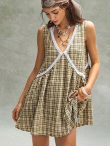 Bohemela Casual Woven Plaid V-Neck Mini Dress For Women - Yellow - View 7