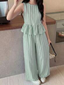 Teen Girl Casual Daily Versatile Comfortable Fitted Striped Round Neck Ruffle Top And Long Pants Set - Mint Green - View 3
