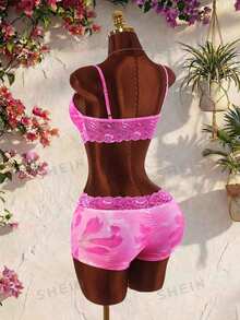 Amplova Summer Floral Print Lace Contrast Color Women's Set Home Pink Floral Sexy - Pink - View 3
