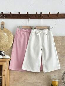 SHEIN LMoss Kids 女嬰兩件式可愛牛仔寬鬆舒適寬腿長褲，春夏休閒度假鄉村波希米亞風，海灘、西部街頭風、春假、電音節牛仔中長褲，畢業季穿搭 - 彩色 - 查看 1
